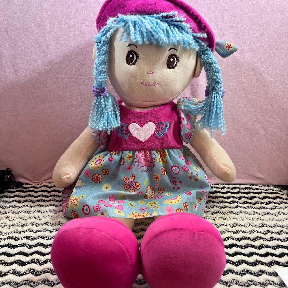 Colorful Senario cloth plush doll  blue yarn hair pink/blue floral dress